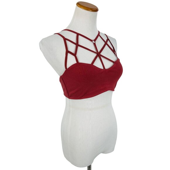 NWT Boutique Strappy Burnt Red Geometric Cutout Cage Front Crop Top Bralette - Picture 10 of 16